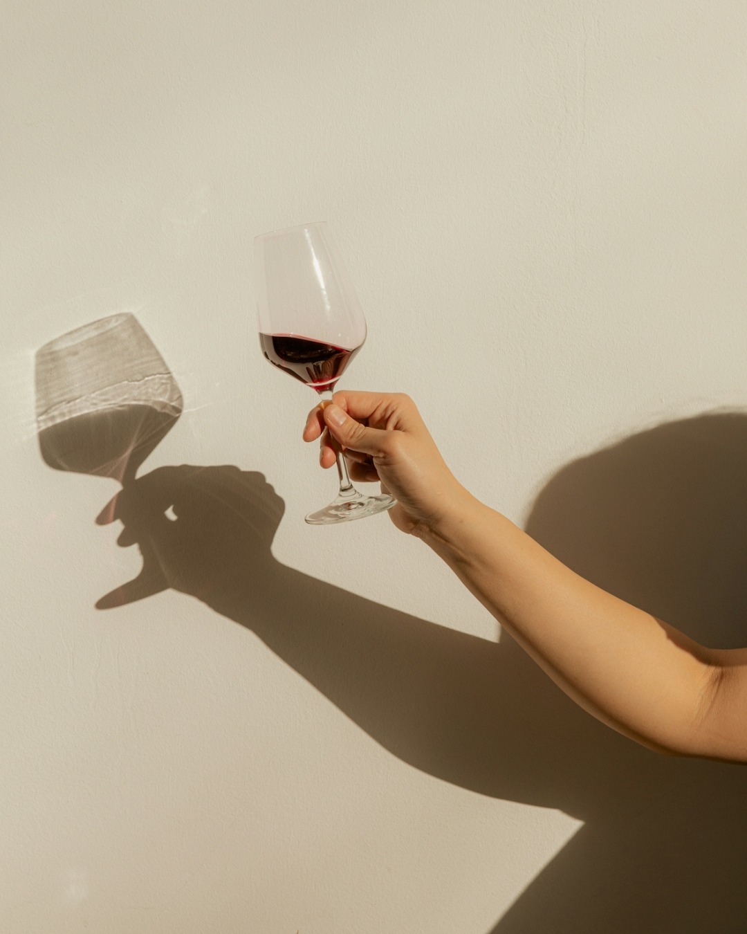 A photograph of a person holding a wine glass, with a shadow thrown onto the wall behind